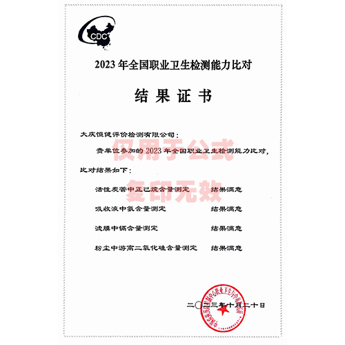 2023年全國職業(yè)衛(wèi)生檢測能力比對結果證書